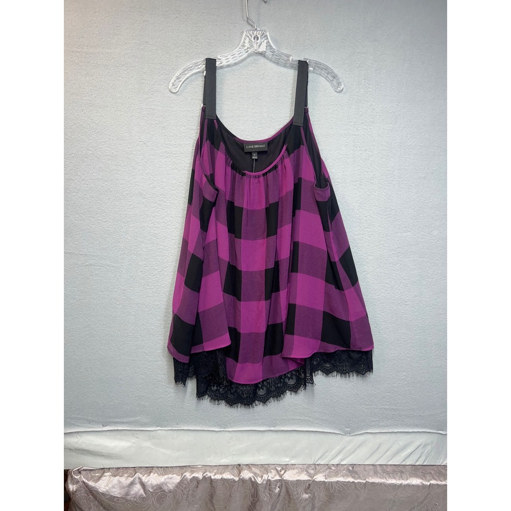Lane Bryant Purple Black Buffalo Plaid Lace Hem Tank Top Blouse Size 26 NWT